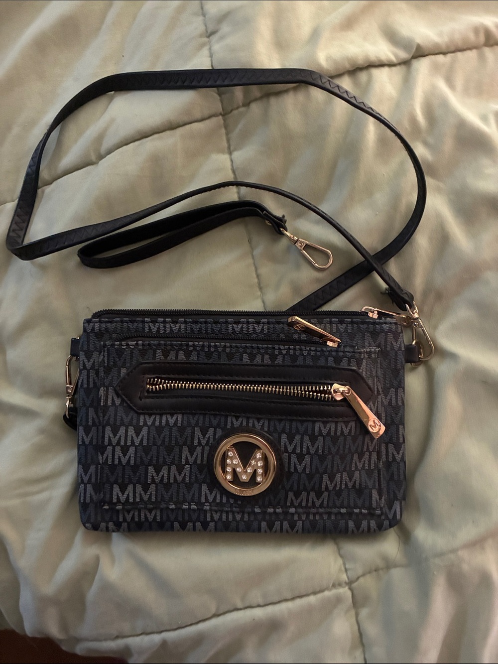 Black & Blue Monogram Crossbody Bag with Gold-Tone Accents